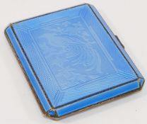 A silver and guilloche powder blue enamel rectangular cigarette case, by Deakin and Francis,