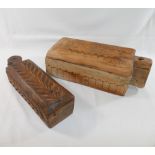Two rectangular Indian carved wooden spice boxes with swivel lids, 26cm long and 31cm