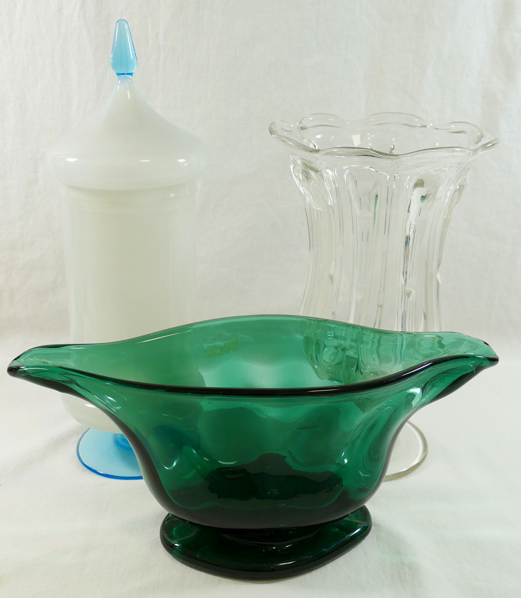 A Victorian hand blown green glass pedestal vase of elongated form, with crimp marks to rim and - Image 2 of 4