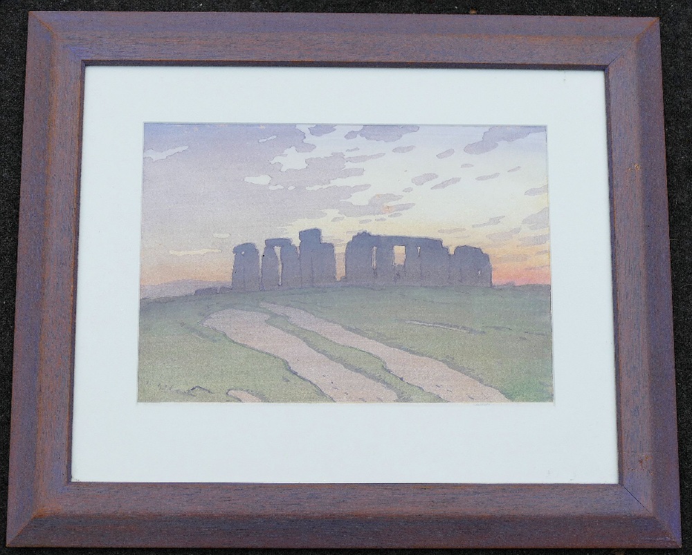 Allen William Seaby (1867 - 1953 British), Stonehenge, coloured woodcut print, signed in pencil to - Image 2 of 3