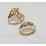 Two 9 carat gold rings comprised of a tri-colour ring, finger size L, and an abstract ring, finger