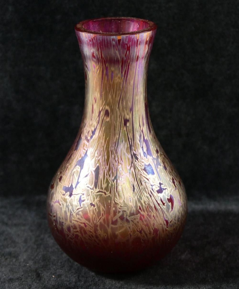 A Royal Brierley cranberry iridescent glass vase, marked to base, 17cm high, a carnival glass - Image 2 of 6