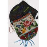 Two Victorian beaded drawer string bags, one with chamois lining, decorated with flowers, 14cm long,