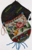 Two Victorian beaded drawer string bags, one with chamois lining, decorated with flowers, 14cm long,