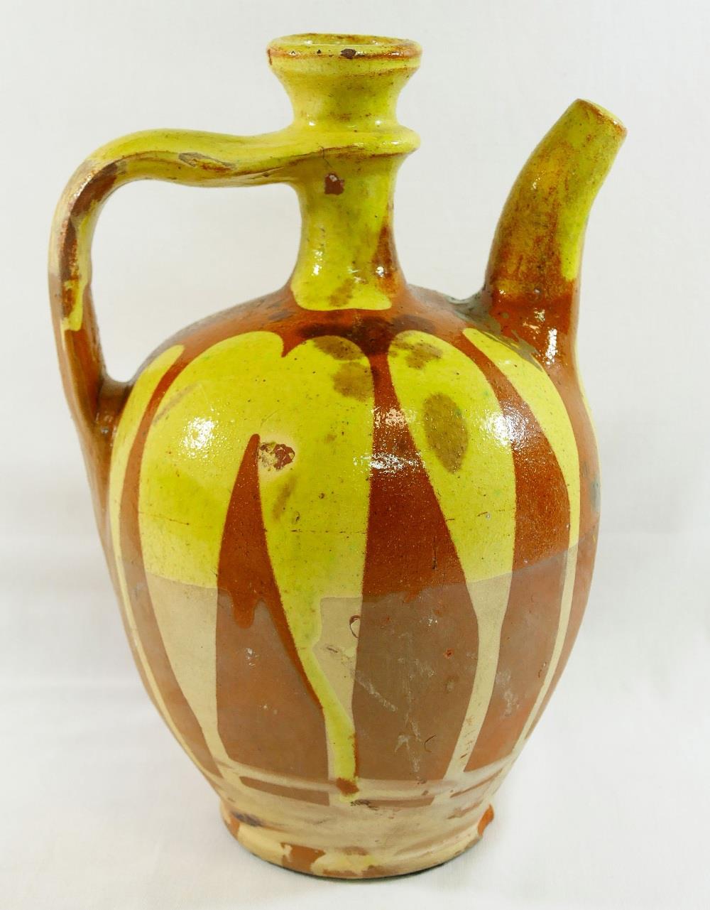 A Turkish Canakkale pottery brown glazed ewer, 32cm high, and another Turkish pottery yellow and - Image 3 of 3