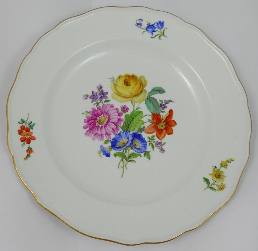 A set of four Meissen style porcelain soup plates, hand painted with floral sprays, with wavy gilt - Image 2 of 4