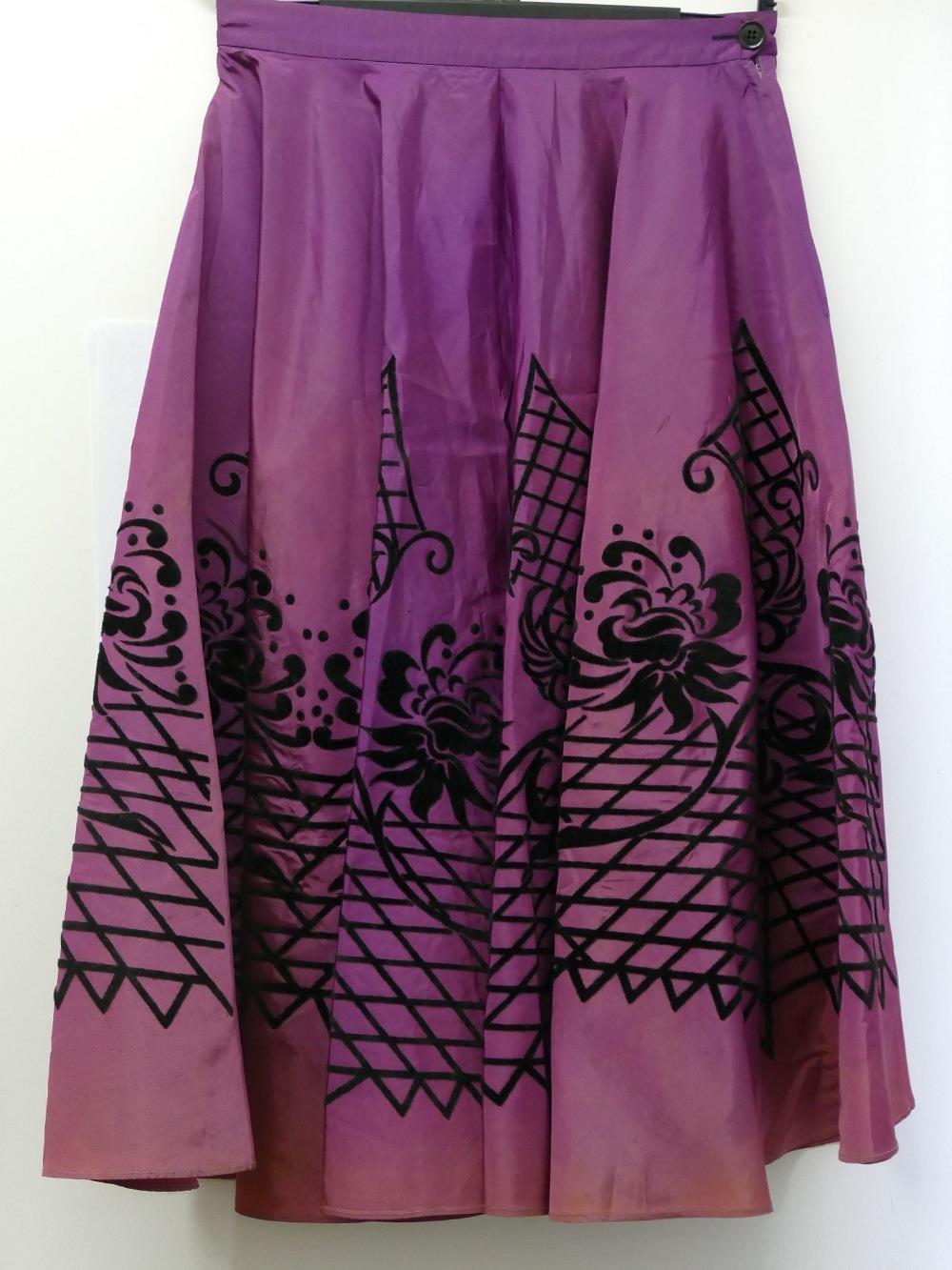 A Sportaville vintage purple satin skirt with black flocked design, a full length silk dress the - Image 3 of 6