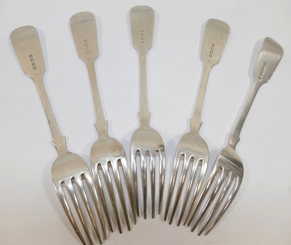 Five Victorian silver fiddle pattern forks, Exeter 1874, by James and Josiah Williams, engraved with - Image 2 of 2
