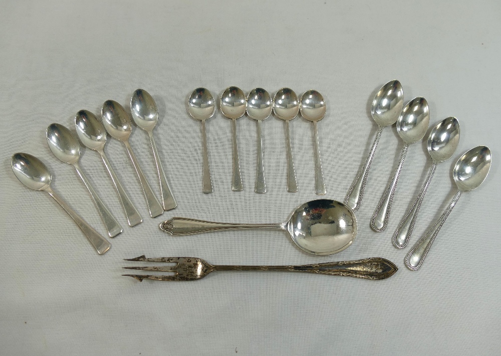 A quantity of assorted 20th century silver coffee spoons, a conserve spoon and a pickle fork,