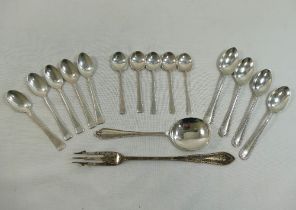 A quantity of assorted 20th century silver coffee spoons, a conserve spoon and a pickle fork,