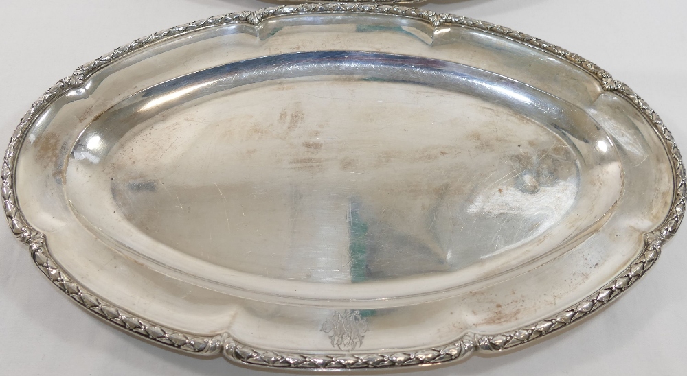 A pair of French silver serving dishes, of oval form, cast with ornate rim, bearing import marks for - Image 3 of 4