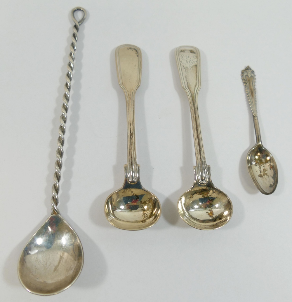 A pair of Victorian fiddle and thread pattern silver mustard spoons, London 1854,  and two other