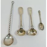 A pair of Victorian fiddle and thread pattern silver mustard spoons, London 1854,  and two other