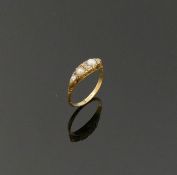 A diamond and half pearl carved half hoop ring, hallmarks rubbed, finger size K, 2.6g gross, boxed
