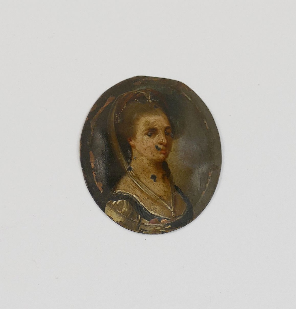An oval portrait miniature of a lady, oil on copper, possibly 17th century Dutch, 4.7cm x 3.9cm, - Image 2 of 4