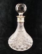 A ships decanter with silver collar, Birmingham 1982, with hobnail decoration, 26cm high CONDITION