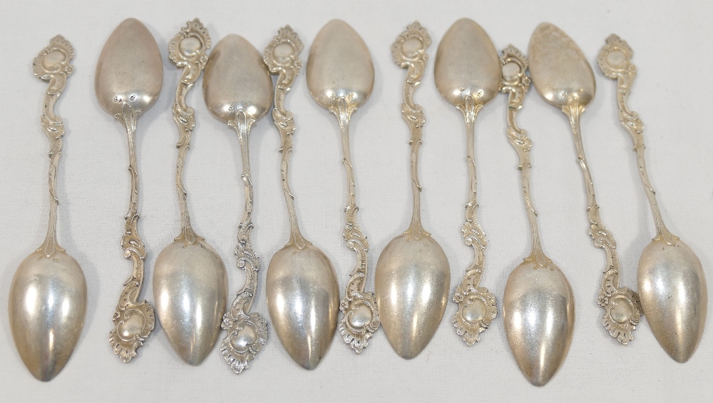 Eleven late 19th/early 20th century German cast silver coffee spoons with ornate Rococo style - Image 2 of 2
