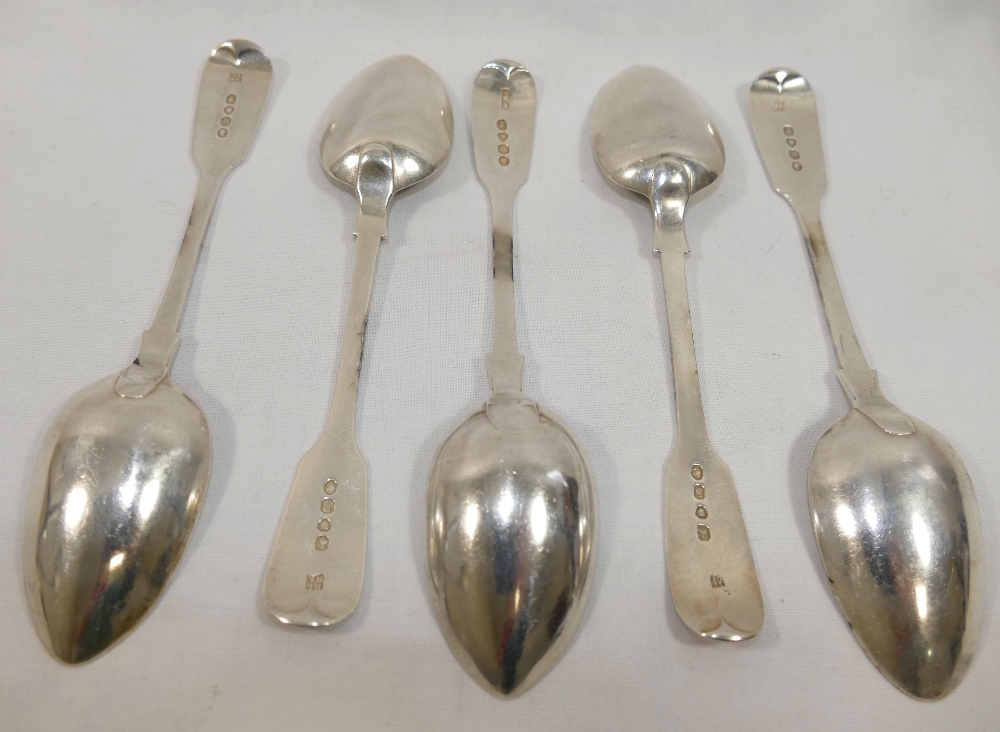 Five early Victorian silver fiddle pattern dessert forks, comprised of three London 1855, by Henry - Image 2 of 2