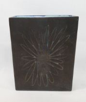 A 1960's early Troika rectangular slab vase, with manganese oxide glaze decorated with a wax