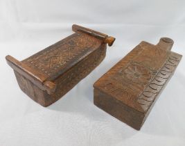 Two Indian carved wooden spice boxes, one with hinged lid, 23cm x 15cm, the other with swivel lid