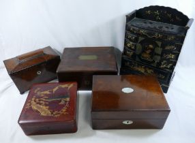 Three 19th century boxes comprised of a walnut sarcophagus-shaped tea caddy, a rosewood vanity box