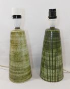 Two Rye Pottery green glazed table lamps, of tapering cylindrical form, with factory ink stamp to