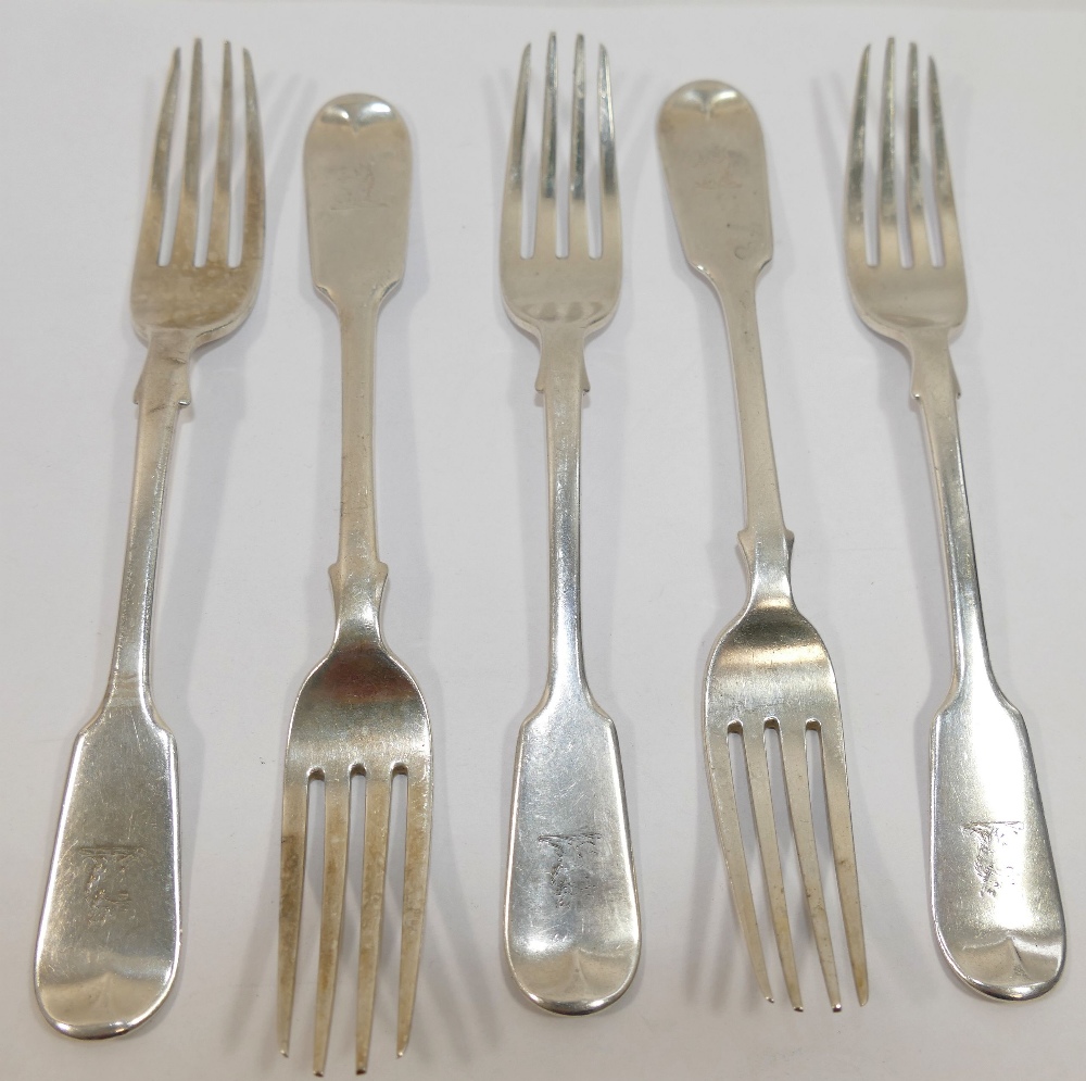 Five Victorian silver fiddle pattern forks, Exeter 1874, by James and Josiah Williams, engraved with