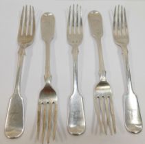 Five Victorian silver fiddle pattern forks, Exeter 1874, by James and Josiah Williams, engraved with