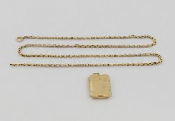 A yellow metal chain (at fault), 51.5cm long, and a rectangular locket with 9 carat gold front and