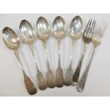 Five assorted Victorian silver fiddle pattern teaspoons, all with matching engraving, and two