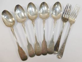 Five assorted Victorian silver fiddle pattern teaspoons, all with matching engraving, and two