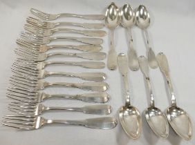 A quantity of 19th century Swiss fiddle pattern table forks and spoons by Jean-Pierre-Louis Ramu-