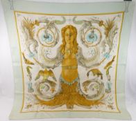 A 1960's Hermes of Paris silk scarf, 'Ceres' by Francoise Faconnet, signed, with pale duck egg