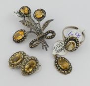 A selection of amethyst, citrine and marcasite set jewellery, may items either hallmarked or stamped