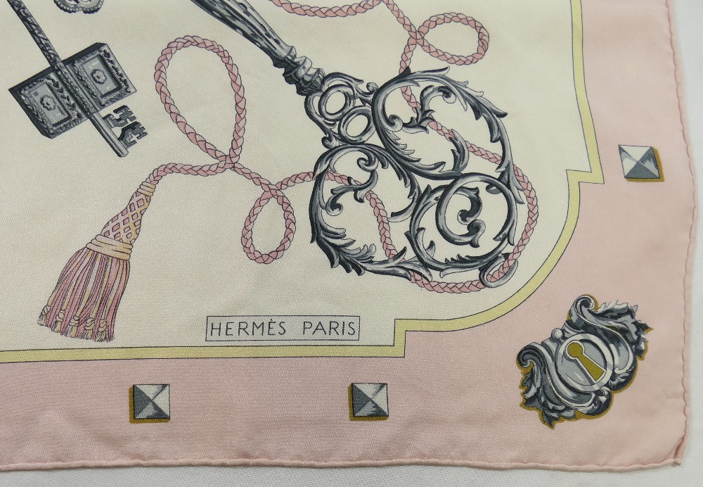 A 1960's Hermes of Paris silk scarf, 'Les Cles' by Cathy Latham, with pink border, 89cm x 87cm - Image 2 of 2