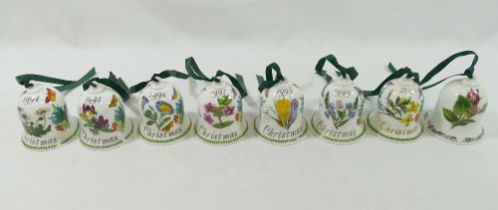 Seven Portmeirion 'Botanic Garden' pattern bone china Christmas bells dating from 1994 - 2000, and
