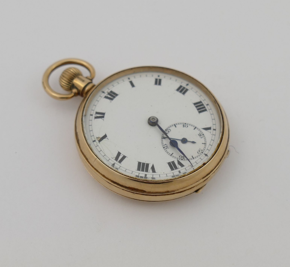A George V 9 carat gold cased open face pocket watch, Birmingham 1929, the white enamel dial with