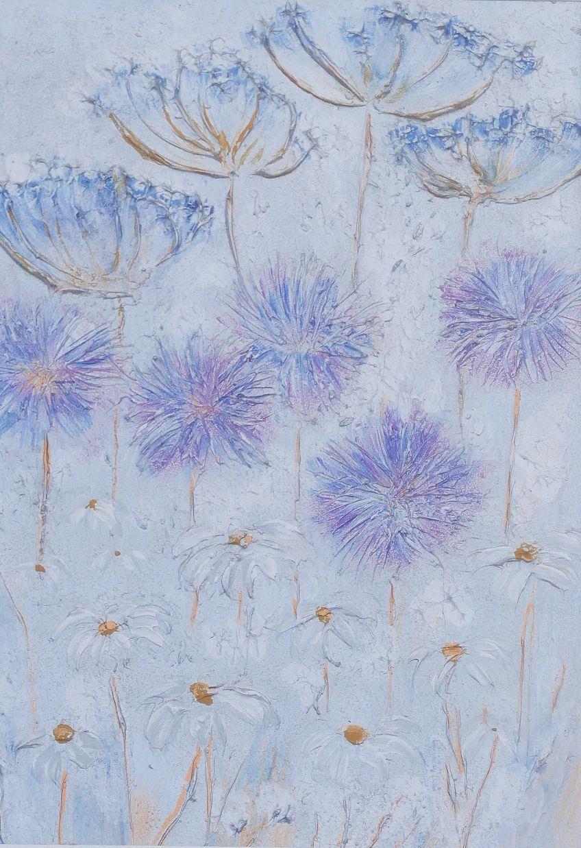 Elaine Allender (21st Century British), 'Silver cow parsley with alliums', mixed media on canvas, - Image 4 of 9