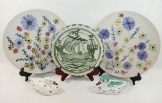Five items of Rye Pottery comprised of two ducks, 13cm long, two floral painted plates, 25cm