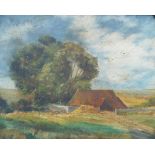 Late 19th/early 20th century British, Thatched barn, oil on board, unsigned, 36cm x 45cm, with