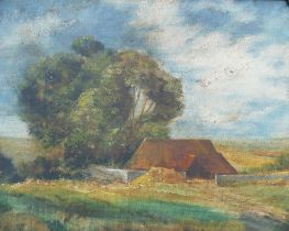 Late 19th/early 20th century British, Thatched barn, oil on board, unsigned, 36cm x 45cm, with