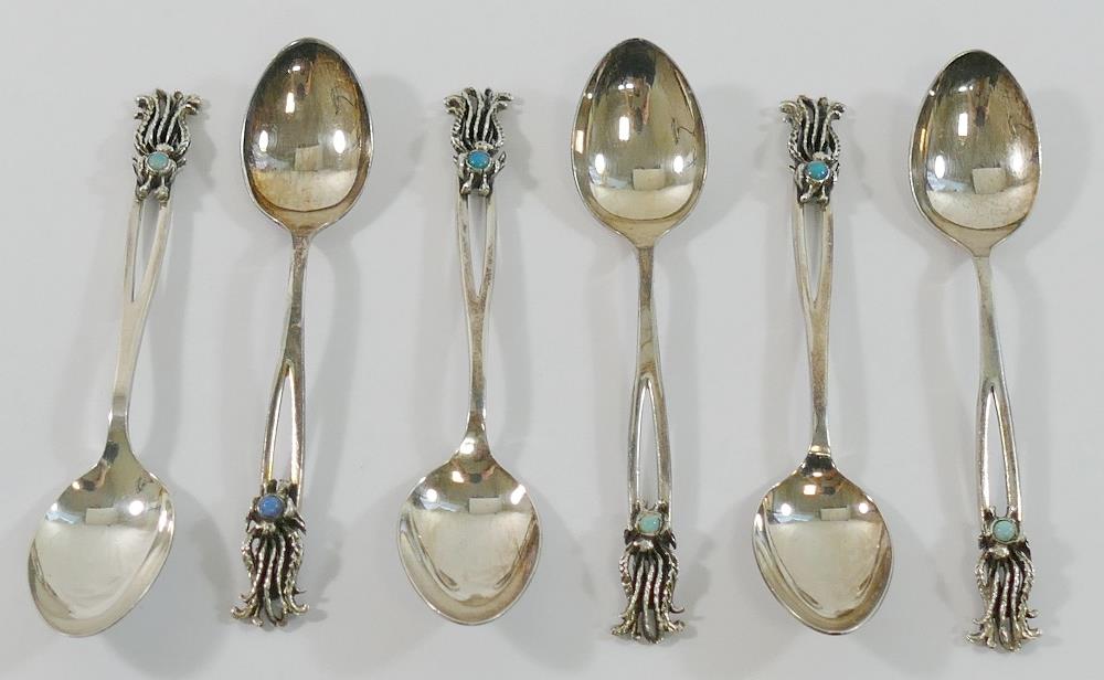 A set of six Australian coffee spoons with opal set terminals, by Dan Flynn, stamped 'STG SIL', - Image 3 of 3