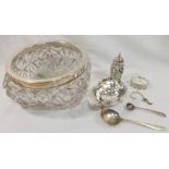 A silver conserve spoon, an oval silver napkin ring, and three broken items of silver, combined