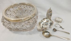 A silver conserve spoon, an oval silver napkin ring, and three broken items of silver, combined