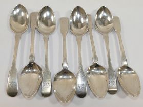 A set of eight George IV silver fiddle pattern teaspoons, London 1820, engraved with the crest of