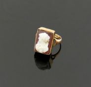 A 19th century rectangular carved hardstone cameo panel ring, depicting the head of a noblewoman,