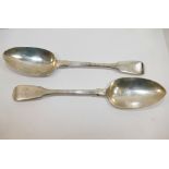 A pair of early Victorian silver fiddle pattern table spoons, London 1839, by Mary Chawner, each