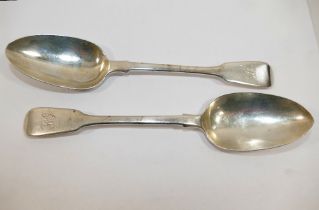 A pair of early Victorian silver fiddle pattern table spoons, London 1839, by Mary Chawner, each