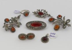 A selection of carnelian and chrysoprase set jewellery, all set with marcasite and most stamped '