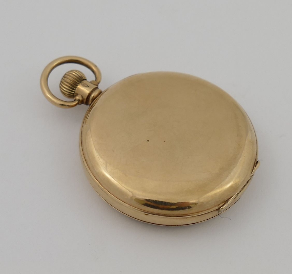 A George V 9 carat gold cased open face pocket watch, Birmingham 1929, the white enamel dial with - Image 2 of 4